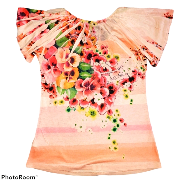 Susan Lawrence Flowy Short Sleeve Floral Design Summer Blouse 346 - Picture 4 of 8